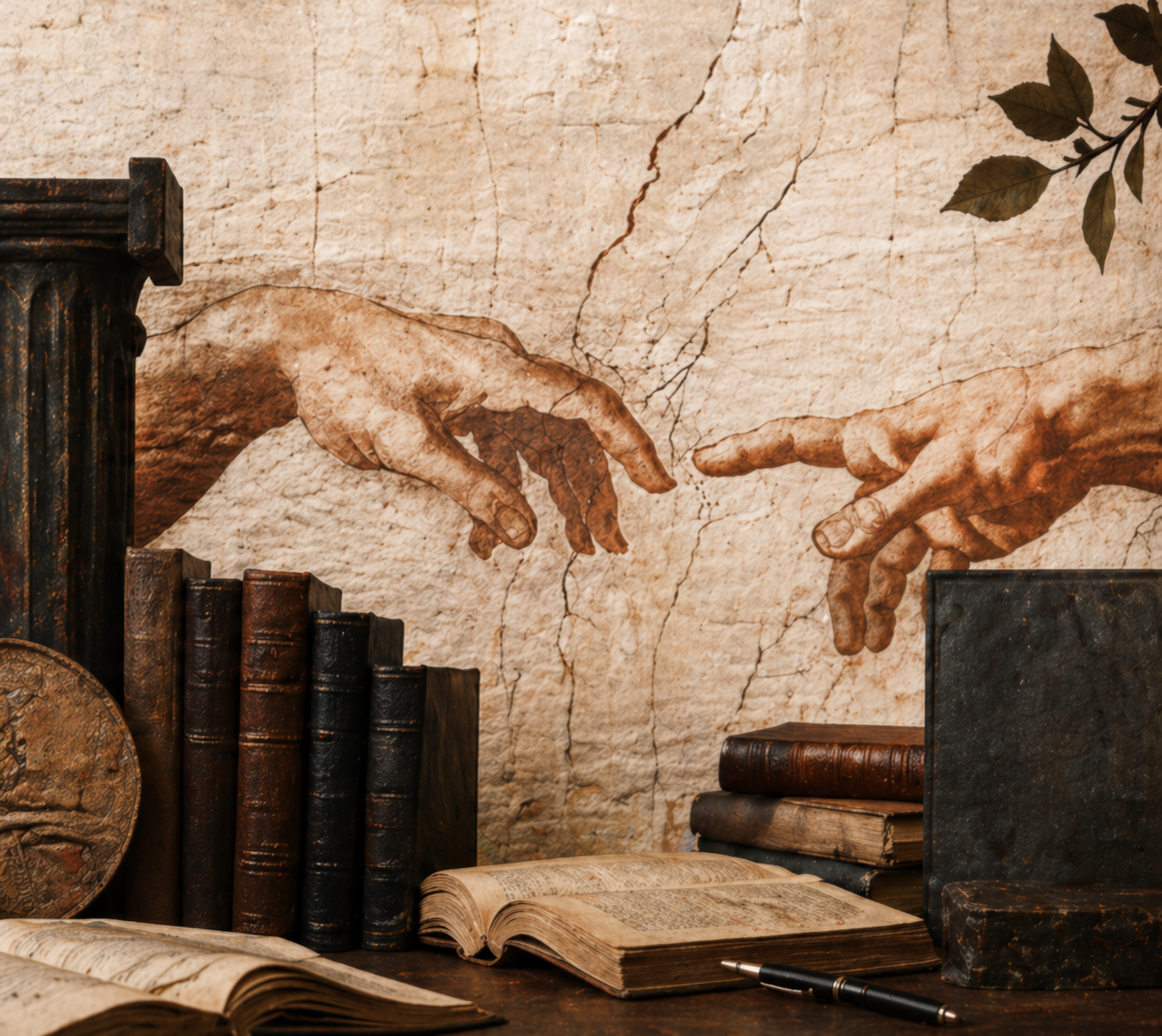 Composição clássica com livros antigos, afresco renascentista e caderno